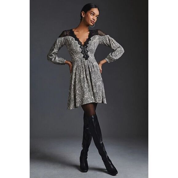 Anthropologie Black & White Lacy V-Neck Mini Dress - Picture 1 of 11